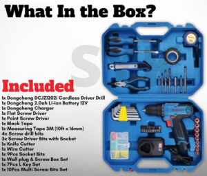 Dongcheng 12V Cordless Driver Drill Kit – 35Nm Torque, 2-Speed (1500 RPM), 32-Piece Set, 2.0Ah Battery & Charger, Keyless 10mm Chuck, LED Light, Lightweight 1.0kg, Multi-Material Drilling & Fastening – Made in China