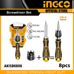 INGCO 8 PCS IN 1 RATCHET SCREWDRIVER AKISD0808.
Tikweld welding Supplies and services is the distributor and supplier of Ingco Tools and equipment in NIgeria.This Slotted Screwdriver INGCO AKISD0808 Screwdriver set is designed  for...