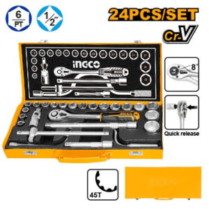 24 Pcs 1/2" Socket Set INGCO HKTS0243.
 Tikweld welding Supplies and services Nigeria is the distribuztors of Ingco Tools and equipment in Nigeria.Our 24 Pcs 1/2" Socket Set INGCO HKTS0243 is solid and designed to last long...